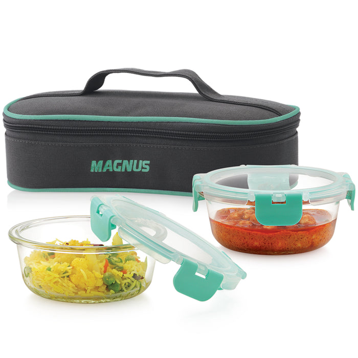 Magnus Glock Solid Glass Lunch Box with Flat Pouch, 2 Round Borosilicate Glass Containers, 800ML