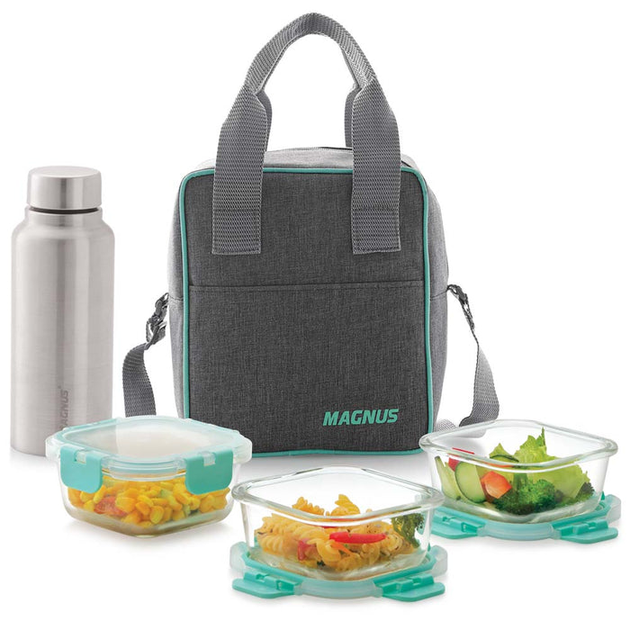 Magnus Glock Linen Glass Lunch Box with Vertical Pouch, 3 Square Borosilicate Glass Containers + 1 SS Bottle , 1660 ML Each