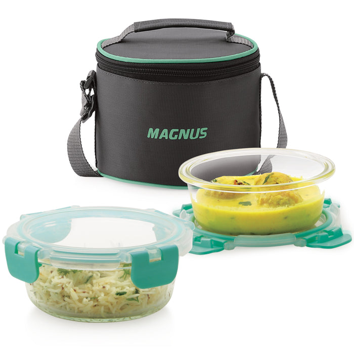 Magnus Glock Solid Glass Lunch Box with Vertical Pouch, 2 Round Borosilicate Glass Containers, 800ML