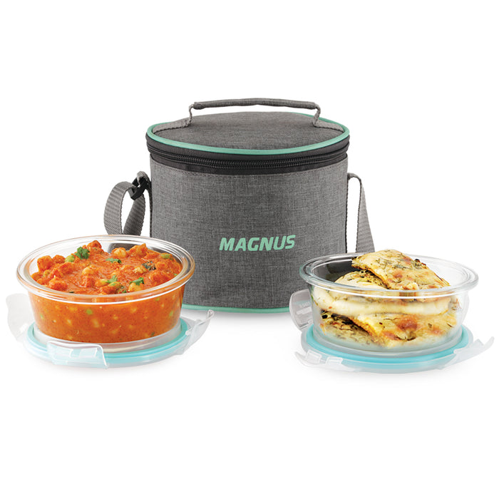 Magnus Vivid Glass Lunch Box with Linen Vertical Pouch and Fixed Clip, Includes 2 Round Airtight, Leakproof, Microwave Safe Borosilicate Glass Containers, 400 ML Each - Premium Lunch Boxes