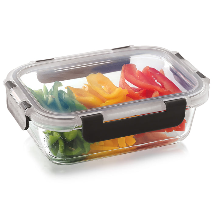 Magnus Glock Glass Food Rectangle Container with Break-Free Detachable Lock – Oven & Microwave Safe Borosilicate Glass 640ML – Lunch Box for Kitchen Essentials, Lunch Boxes for Office Men