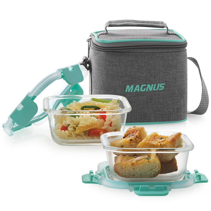 Magnus Glock Linen Glass Lunch Box with Vertical Pouch, 2 Square Borosilicate Glass Containers, 640 ML Each