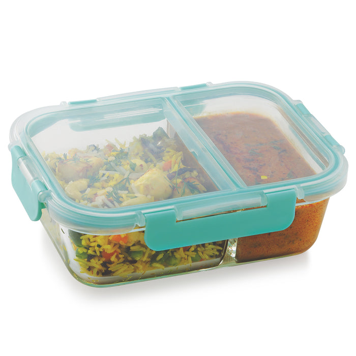 Glock Glass Food Divider Rectangle Container with Break-Free Detachable Lock, Oven & Microwave Safe Borosilicate Glass - 970ML | Green