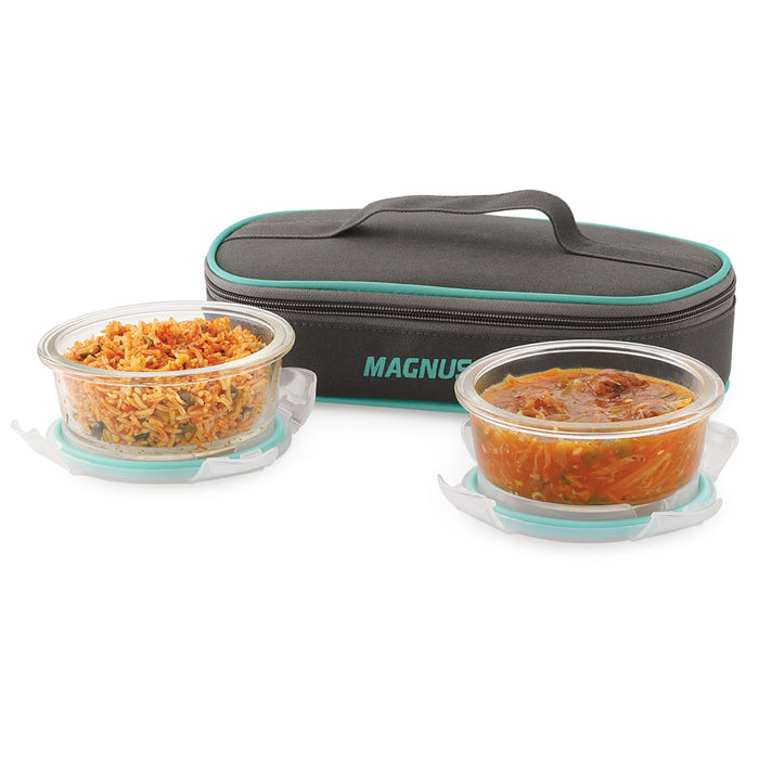 Magnus Vivid Solid Lunch Box with Horizontal Pouch & Fixed Clip, 2 Round Glass Containers 400 ML