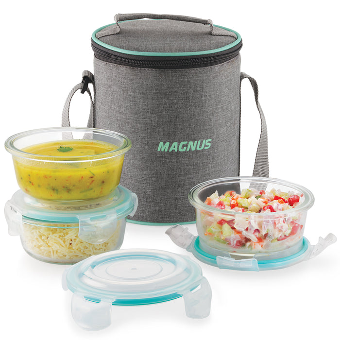 Magnus Vivid Glass Lunch Box with Linen Vertical Pouch and Fixed Clip, Includes 3 Round Airtight, Leakproof, Microwave Safe Borosilicate Glass Containers, 400 ML Each - Premium Lunch Boxes