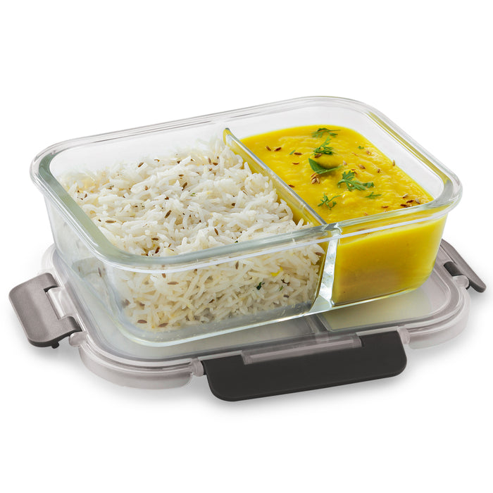 Glock Glass Food Divider Rectangle Container with Break-Free Detachable Lock, Oven & Microwave Safe Borosilicate Glass - 970ML