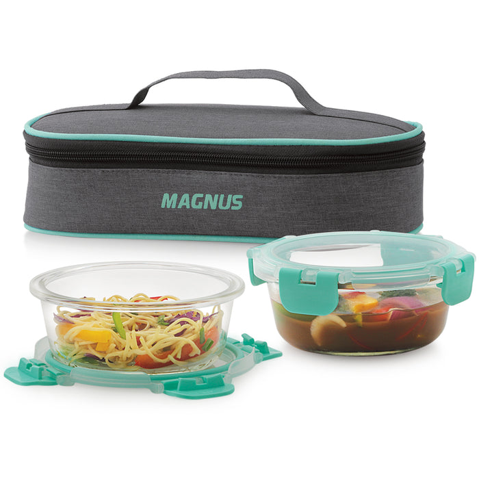 Magnus Glock Linen Glass Lunch Box with Flat Pouch, 2 Round Borosilicate Glass Containers, 800ML