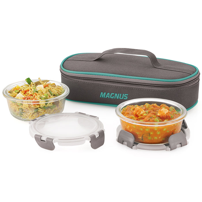 Magnus Glock Solid Glass Lunch Box with Flat Pouch and Fixed Clip, Includes 2 Round Airtight, Leakproof, Microwave Safe Borosilicate Glass Containers, 400 ML Each