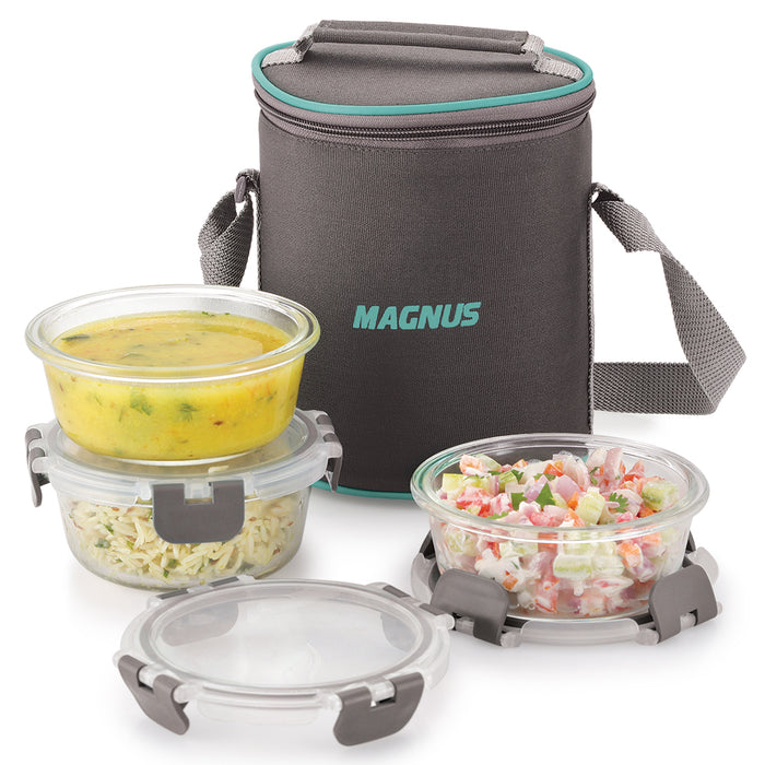 Magnus Glock Solid Glass Lunch Box with Vertical Pouch and Fixed Clip, Includes 3 Round Airtight, Leakproof, Microwave Safe Borosilicate Glass Containers, 400 ML Each