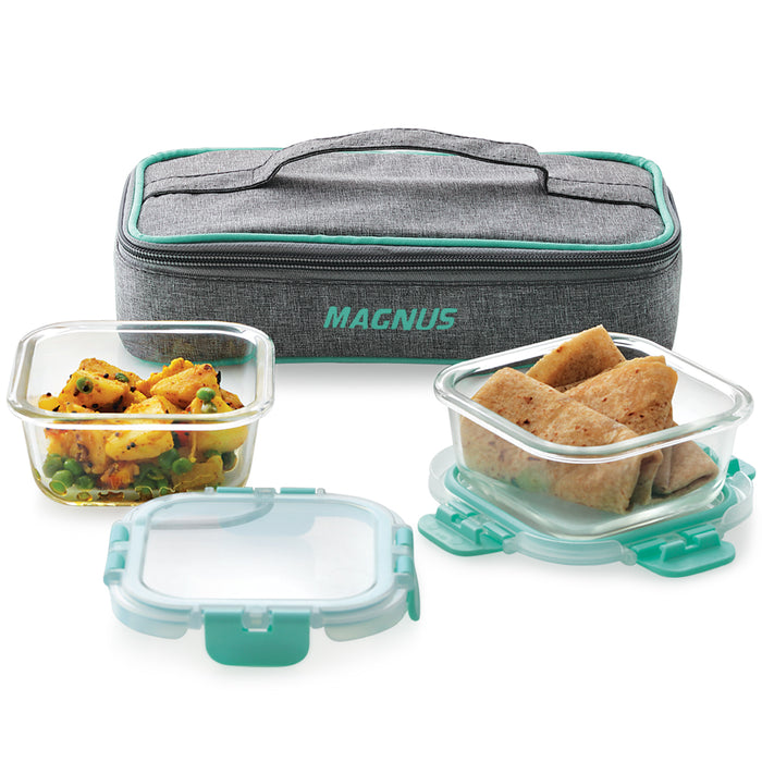 Magnus Glock Linen Glass Lunch Box with Flat Pouch, 2 Square Borosilicate Glass Containers, 640 ML Each