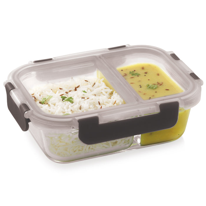 Glock Glass Food Divider Rectangle Container with Break-Free Detachable Lock, Oven & Microwave Safe Borosilicate Glass - 580ML