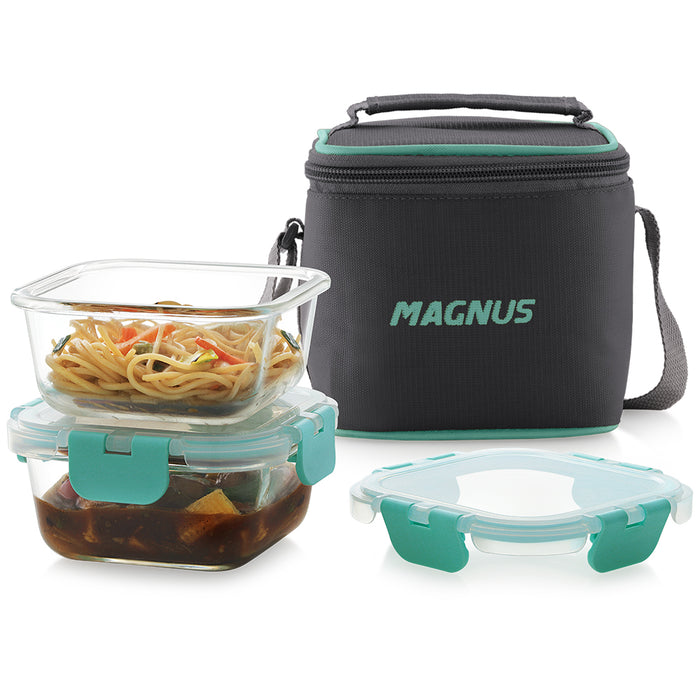 Magnus Glock Solid Glass Lunch Box with Vertical Pouch, 2 Square Borosilicate Glass Containers, 640 ML Each