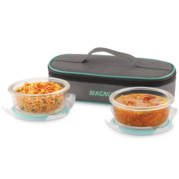 Magnus Vivid Glass Lunch Box with Linen Flat Pouch and Fixed Clip, Includes 2 Round Airtight, Leakproof, Microwave Safe Borosilicate Glass Containers, 400 ML Each - Premium Lunch Boxes