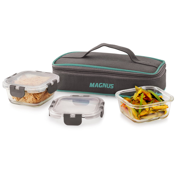 Magnus Glock Solid Glass Lunch Box with Flat Pouch and Fixed Clip, Includes 2 Square Airtight, Leakproof, Microwave Safe Borosilicate Glass Containers, 320 ML Each