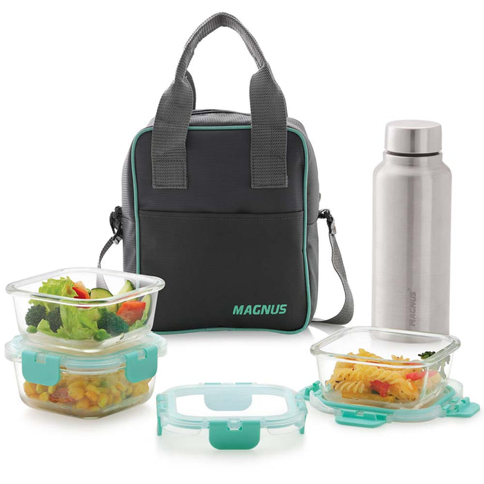 Magnus Glock Solid Glass Lunch Box with Vertical Pouch, 3 Square Borosilicate Glass Containers + 1 SS Bottle , 1660 ML Each