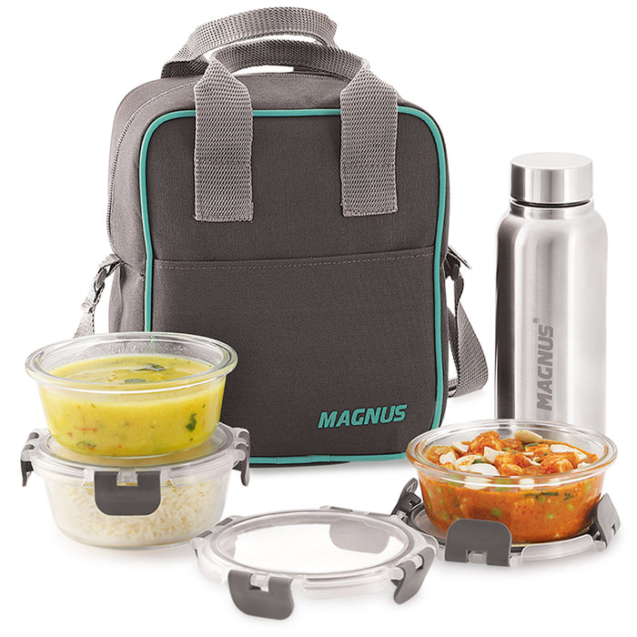 Magnus Glock Solid Glass Lunch Box with Vertical Pouch and Fixed Clip, 1 S S Bottle and 3 Round Airtight, Leakproof, Microwave Safe Borosilicate Glass Containers, 400 ML Each