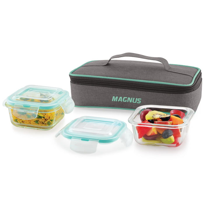 Magnus Vivid Glass Lunch Box with Linen Flat Pouch and Fixed Clip, Includes 2 Square Airtight, Leakproof, Microwave Safe Borosilicate Glass Containers, 320 ML Each - Premium Lunch Boxes