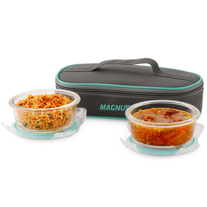 Magnus Vivid Glass Lunch Box with Flat Pouch and Fixed Clip, Includes 2 Round Airtight, Leakproof, Microwave Safe Borosilicate Glass Containers, 400 ML Each