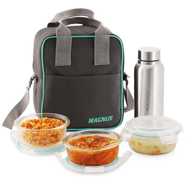 Magnus Vivid Glass Lunch Box with Vertical Pouch and Fixed Clip, 1 S S Bottle ( 700ml ) and 3 Round Airtight, Leakproof, Microwave Safe Borosilicate Glass Containers, 400 ML Each