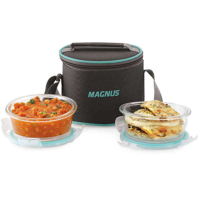 Magnus Vivid Glass Lunch Box with Vertical Pouch and fixed Clip, Includes 2 Round Airtight, Leakproof, Microwave Safe Borosilicate Glass Containers, 400 ML Each