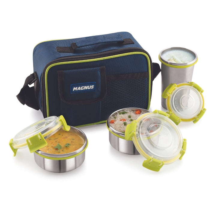 Magnus Ethos 3 Lunch Box Set | Stainless Steel Tiffin with 2 Containers & 1 Glass | Air-Tight, Leakproof, Insulated Bag - Green | Lunch Box for Kids | Lunch Boxes for Office Men, Women