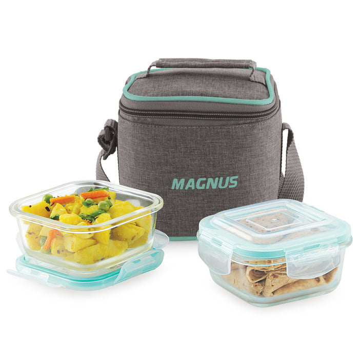 Magnus Vivid Glass Lunch Box with Linen Vertical Pouch and Fixed Clip, Includes 2 Square Airtight, Leakproof, Microwave Safe Borosilicate Glass Containers, 320 ML Each - Premium Lunch Boxes