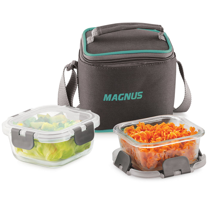 Magnus Glock Solid Glass Lunch Box with Vertical Pouch and Fixed Clip, Includes 2 Square Airtight, Leakproof, Microwave Safe Borosilicate Glass Containers, 320 ML Each