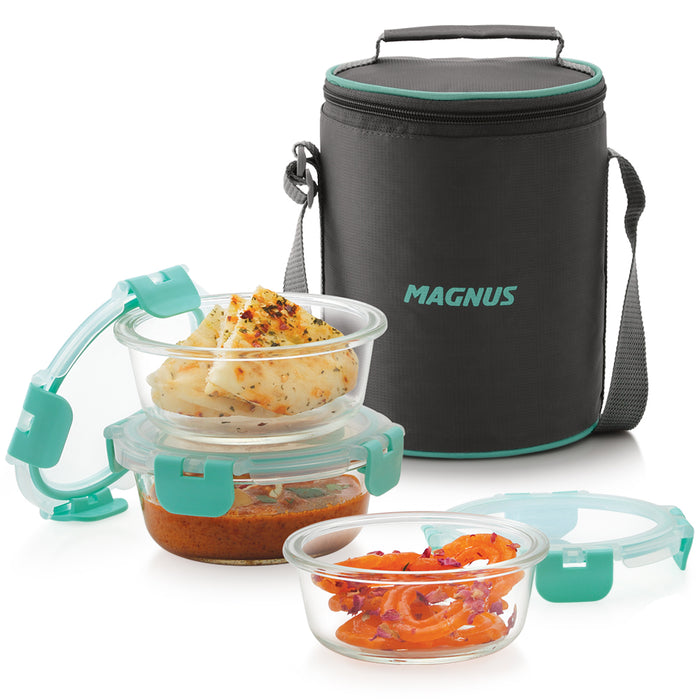 Magnus Glock Solid Glass Lunch Box with Vertical Pouch, 3 Round Borosilicate Glass Containers, 1200ML