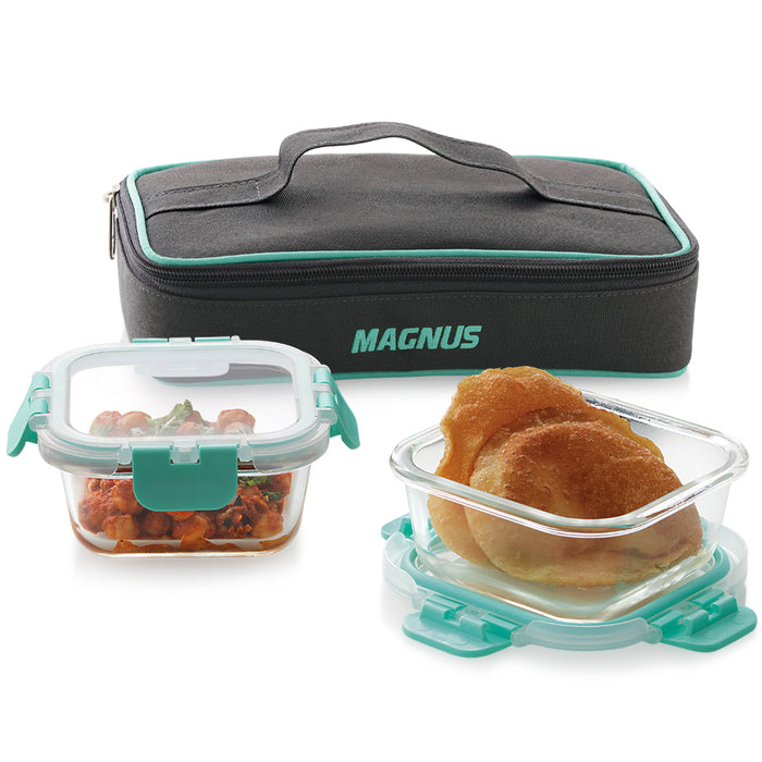 Magnus Glock Solid Glass Lunch Box with Flat Pouch, 2 Square Borosilicate Glass Containers, 640 ML Each