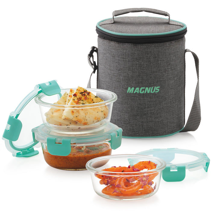 Magnus Glock Linen Glass Lunch Box with Vertical Pouch, 3 Round Borosilicate Glass Containers, 1200ML