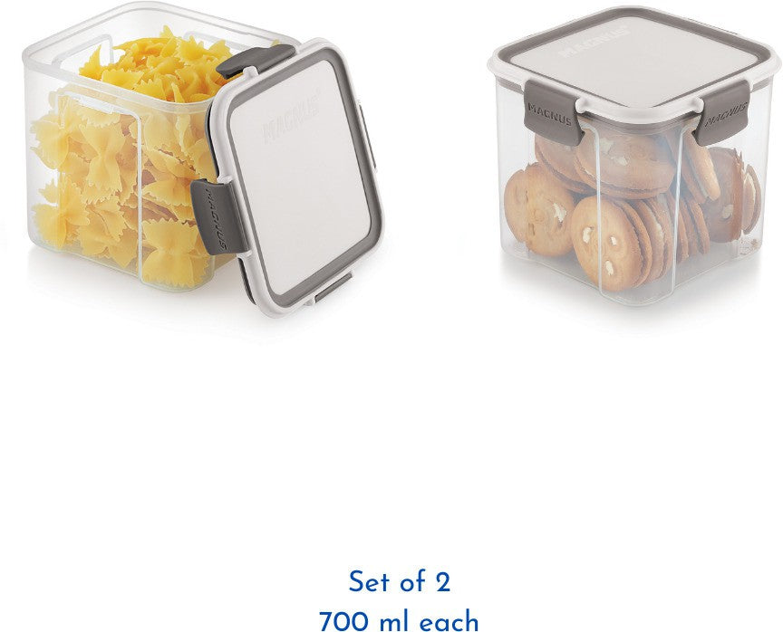 Magnus Modulock Airtight Food Storage See Through Plastic Containers- Set of 2, 700 ml Each, White & Grey Lid with Clear Bottom