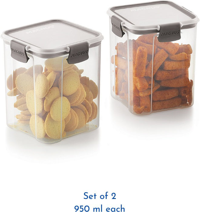 Magnus Modulock Airtight Food Storage See Through Plastic Containers- Set of 2, 950 ml Each, White & Grey Lid with Clear Bottom