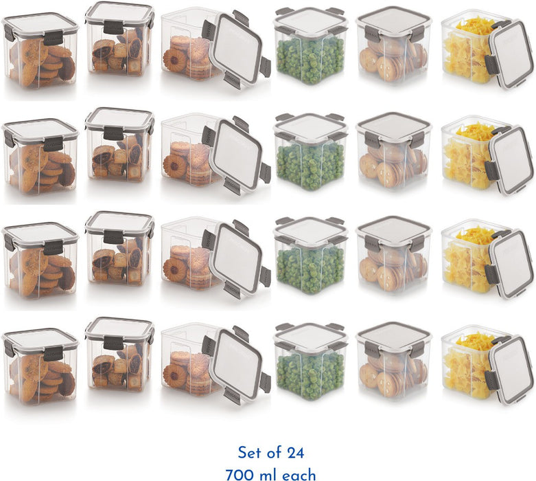 Magnus Modulock Airtight Food Storage See Through Plastic Containers- Set of 24, 700 ml Each, White & Grey Lid with Clear Bottom