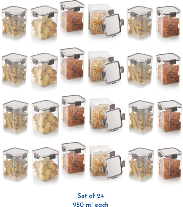 Magnus Modulock Airtight Food Storage See Through Plastic Containers- Set of 24, 950 ml Each, White & Grey Lid with Clear Bottom