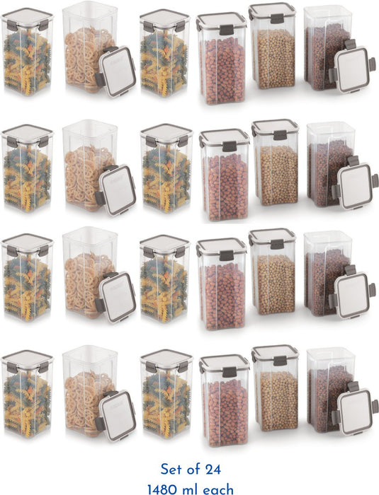 Magnus Modulock Airtight Food Storage See Through Plastic Containers- Set of 24, 1480 ml Each, White & Grey Lid with Clear Bottom