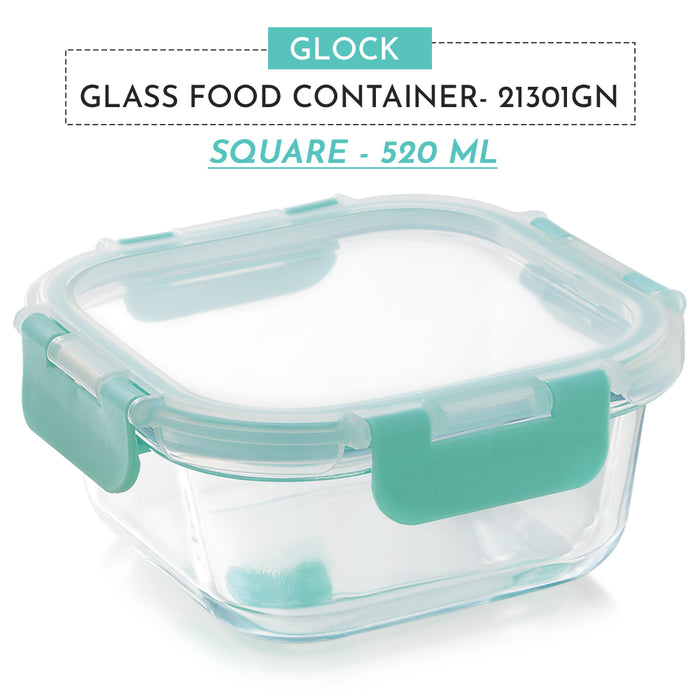 Magnus Glock Glass Food Square Container with Break-Free Detachable Lock, Oven & Microwave Safe Borosilicate Glass 520ML - Lunch Box, Kitchen Essentials, Lunch Boxes for Office Men, Green