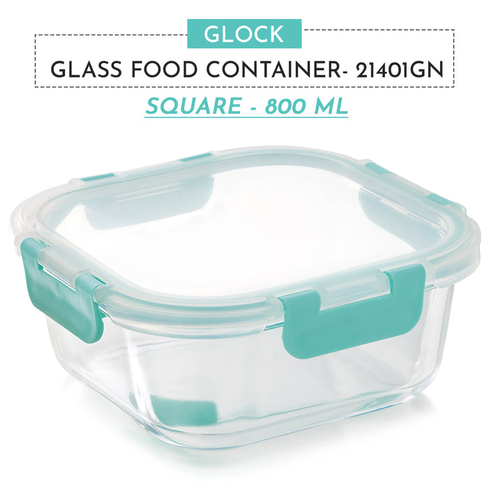 Magnus Glock Glass Food Square Container with Break-Free Detachable Lock, Oven & Microwave Safe Borosilicate Glass, 800ML, Ideal Lunch Box, Kitchen Essentials, Lunch Boxes for Office Men, Green