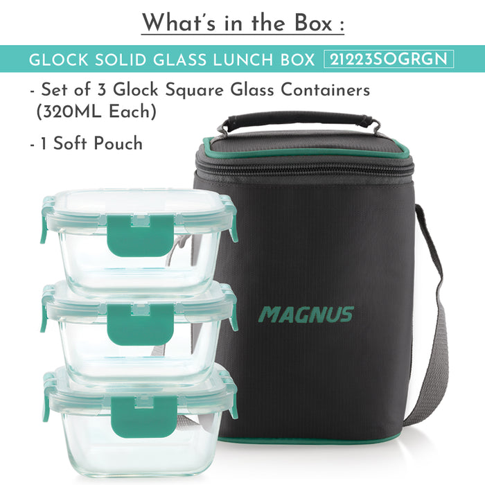 Magnus Glock Solid Glass Lunch Box with Vertical Pouch, 3 Square Borosilicate Glass Containers, 960 ML Each