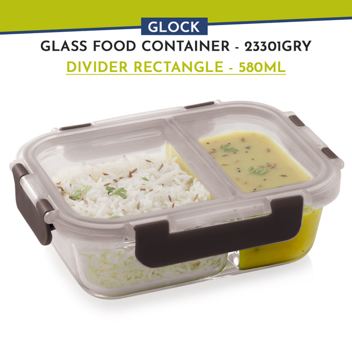 Glock Glass Food Divider Rectangle Container with Break-Free Detachable Lock, Oven & Microwave Safe Borosilicate Glass - 580ML