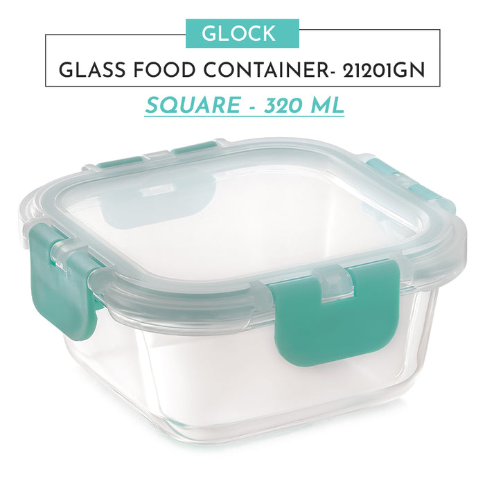 Magnus Glock Glass Food Square Container with Break-Free Detachable Lock, 320ML - Oven & Microwave Safe Borosilicate Glass Lunch Box, Kitchen Essentials, Lunch Boxes for Office Men, Green