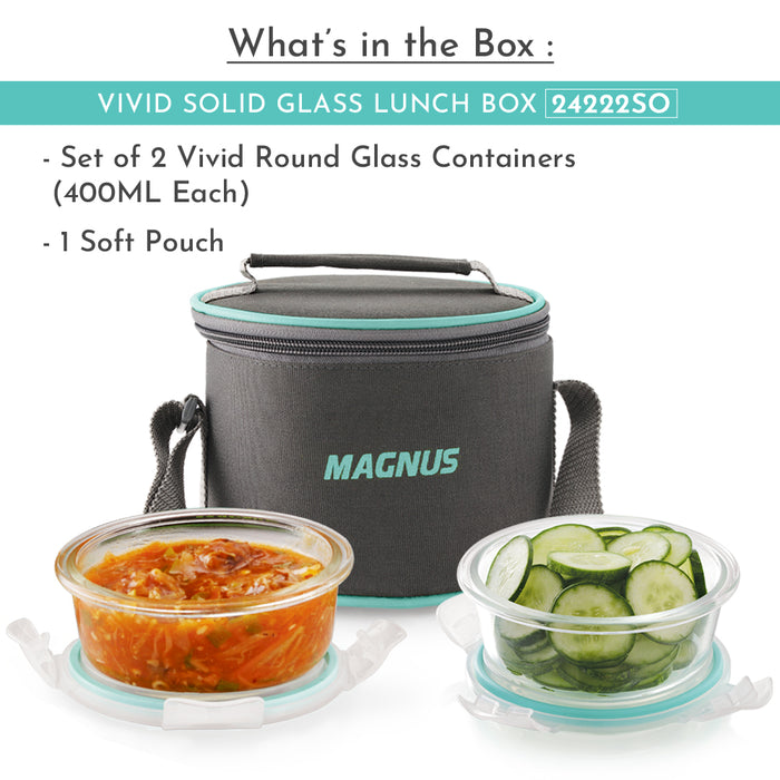 Magnus Vivid Glass Lunch Box with Vertical Pouch and fixed Clip, Includes 2 Round Airtight, Leakproof, Microwave Safe Borosilicate Glass Containers, 400 ML Each