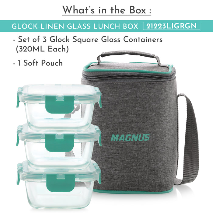 Magnus Glock Linen Glass Lunch Box with Vertical Pouch, 3 Square Borosilicate Glass Containers, 960 ML Each