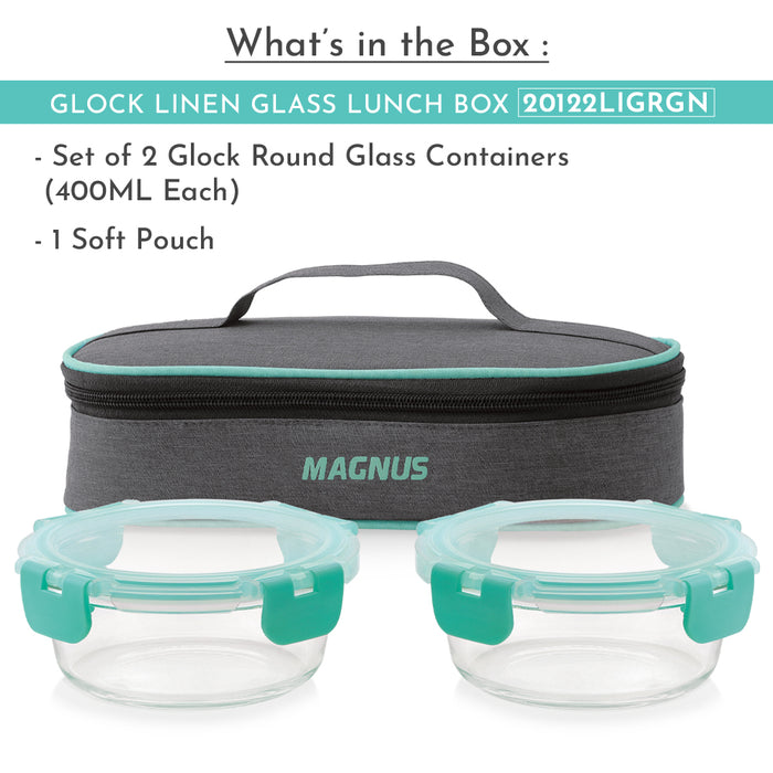 Magnus Glock Linen Glass Lunch Box with Flat Pouch, 2 Round Borosilicate Glass Containers, 800ML