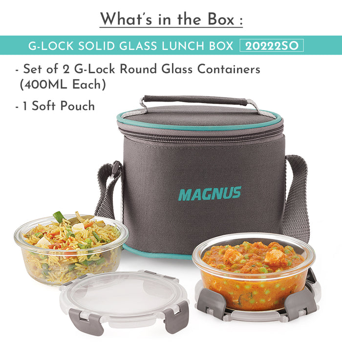 Magnus Glock Solid Glass Lunch Box with Vertical Pouch and fixed Clip, Includes 2 Round Airtight, Leakproof, Microwave Safe Borosilicate Glass Containers, 400 ML Each