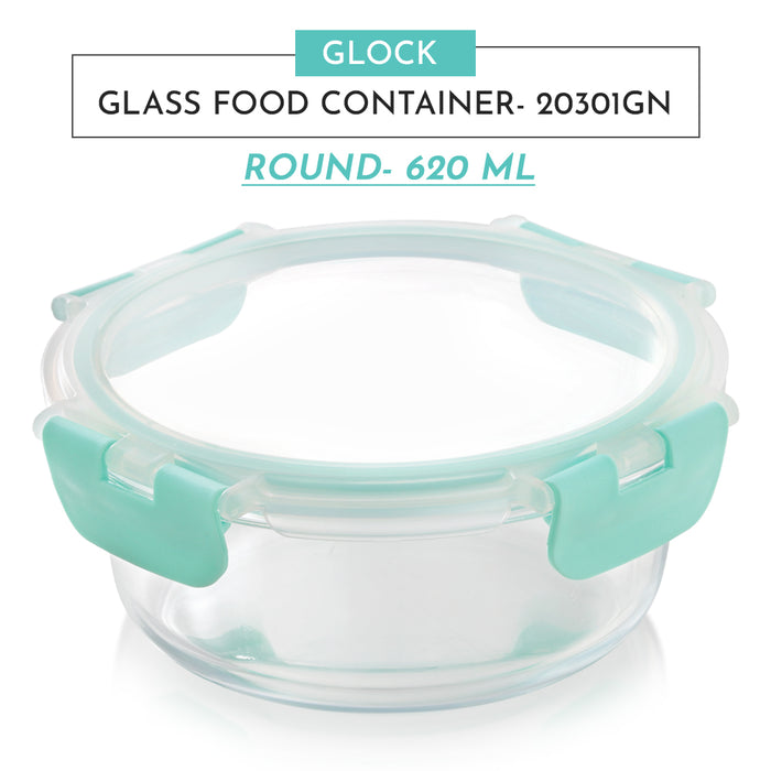 Magnus Glock Glass Food Round Container with Break-Free Detachable Lock, 620ML Borosilicate Glass, Oven & Microwave Safe Lunch Box, Kitchen Essentials for Office Men | Green