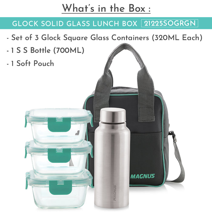 Magnus Glock Solid Glass Lunch Box with Vertical Pouch, 3 Square Borosilicate Glass Containers + 1 SS Bottle , 1660 ML Each