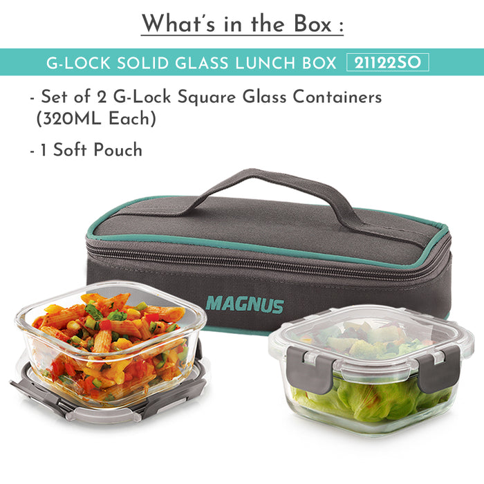 Magnus Glock Solid Glass Lunch Box with Flat Pouch and Fixed Clip, Includes 2 Square Airtight, Leakproof, Microwave Safe Borosilicate Glass Containers, 320 ML Each