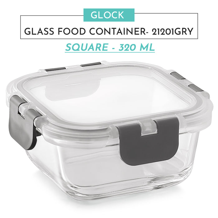 Magnus Glock Glass Food Square Container with Break-Free Detachable Lock, 320ML - Oven & Microwave Safe Borosilicate Glass Lunch Box, Kitchen Essentials, Lunch Boxes for Office Men