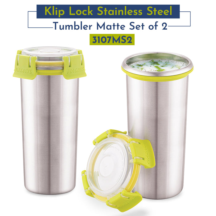 Magnus Stainless Steel Matte Klip Lock Tumbler with Lid and Straw - 500ml | Leak-Proof & Airtight Tumbler - Ideal for Travel, Office, Kids | Perfect for Juice, Buttermilk | Pack of 2