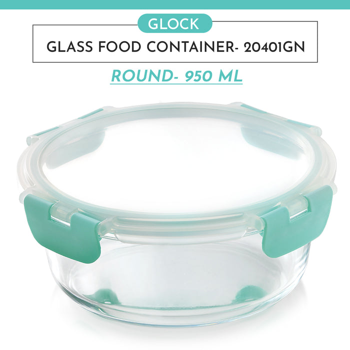 Magnus Glock Glass Food Container with Break-Free Lock, 950ML Borosilicate Glass, Oven & Microwave Safe Lunch Box, Kitchen Essentials, Lunch Boxes for Office Men | Green